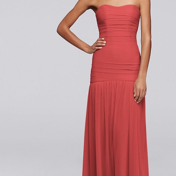 Long Fit and Flare Mesh Wine Bridesmaid Dress - Picture 5 of 6